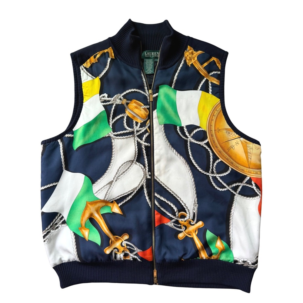Vintage 90s Lauren Ralph Lauren Nautical Silk Scarf Print Vest Navy Gold Women L
